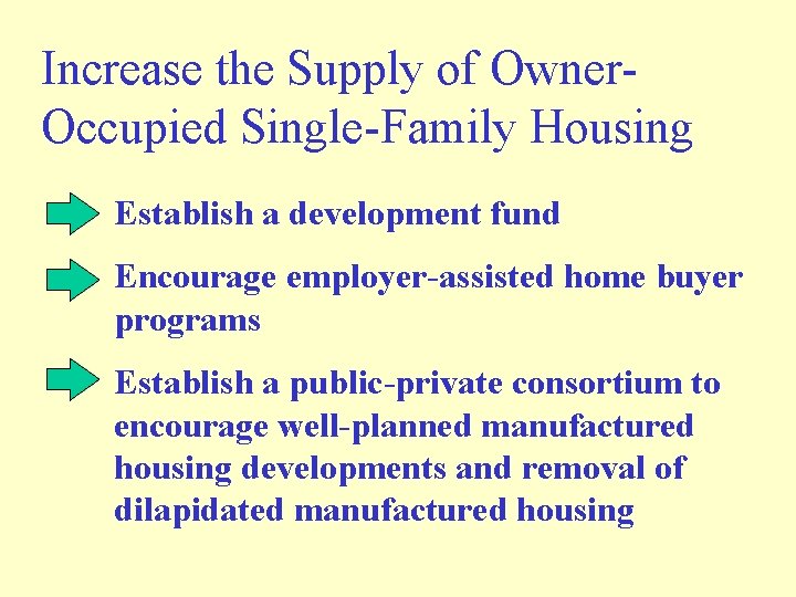Increase the Supply of Owner. Occupied Single-Family Housing Establish a development fund Encourage employer-assisted Increase the Supply of Owner. Occupied Single-Family Housing Establish a development fund Encourage employer-assisted