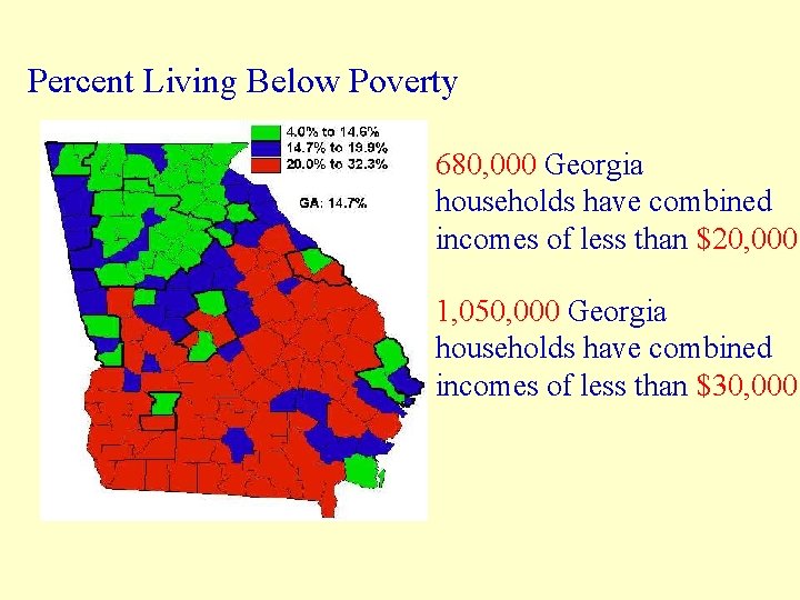 Percent Living Below Poverty 680, 000 Georgia households have combined incomes of less than