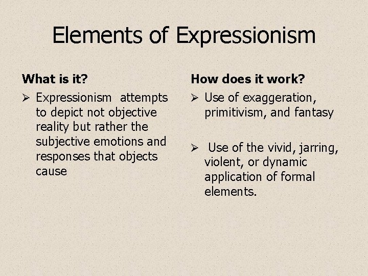 Elements of Expressionism What is it? How does it work? Ø Expressionism attempts Ø