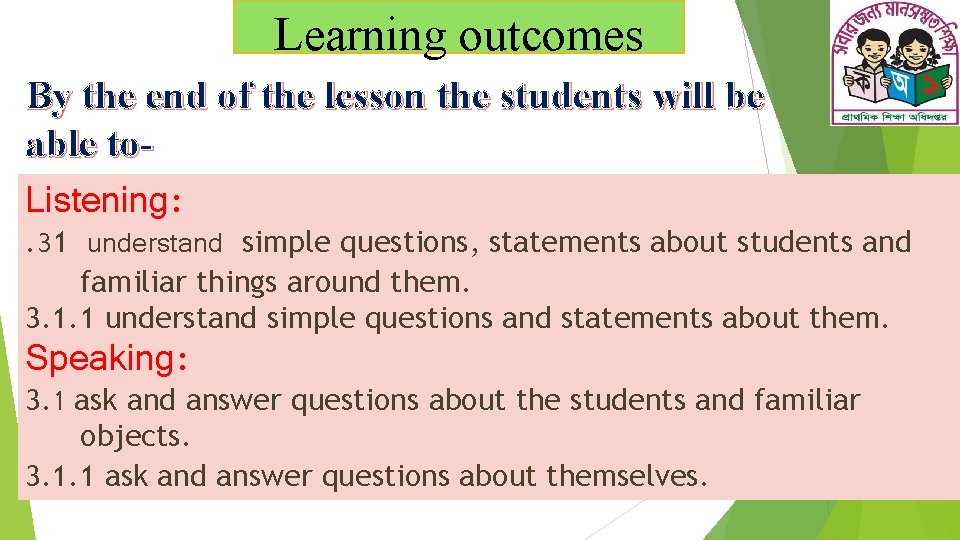 Learning outcomes By the end of the lesson the students will be able to.