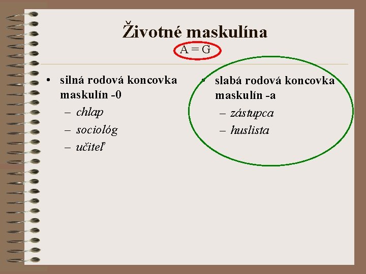 Životné maskulína A = G • silná rodová koncovka maskulín -0 – chlap –