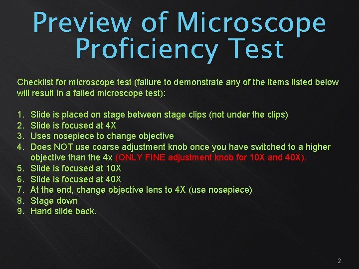 Preview of Microscope Proficiency Test Checklist for microscope test (failure to demonstrate any of