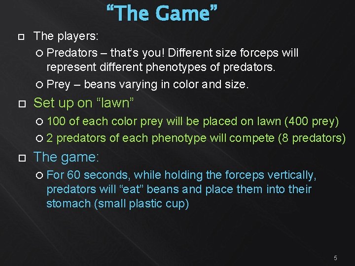 “The Game” The players: Predators – that’s you! Different size forceps will represent different
