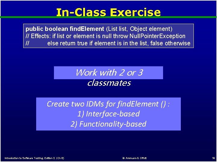 In-Class Exercise public boolean find. Element (List list, Object element) // Effects: if list