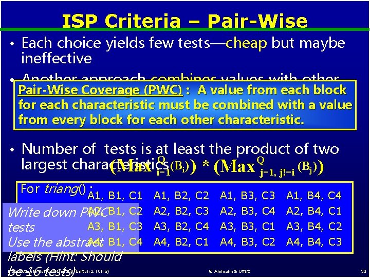 ISP Criteria – Pair-Wise • Each choice yields few tests—cheap but maybe ineffective •
