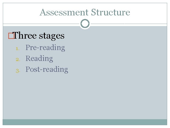 Assessment Structure �Three stages 1. 2. 3. Pre-reading Reading Post-reading 