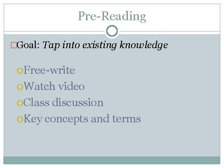 Pre-Reading �Goal: Tap into existing knowledge Free-write Watch video Class discussion Key concepts and