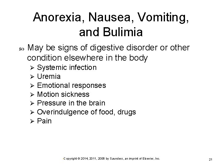 Anorexia, Nausea, Vomiting, and Bulimia May be signs of digestive disorder or other condition