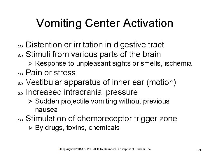 Vomiting Center Activation Distention or irritation in digestive tract Stimuli from various parts of