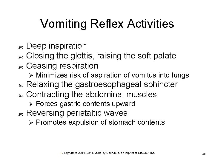 Vomiting Reflex Activities Deep inspiration Closing the glottis, raising the soft palate Ceasing respiration