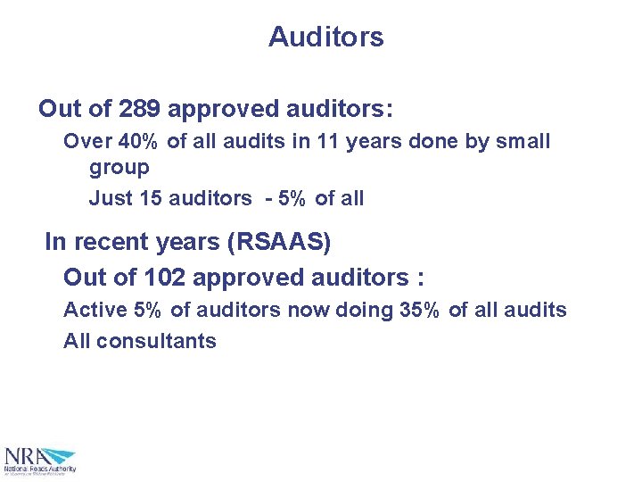 Auditors Out of 289 approved auditors: Over 40% of all audits in 11 years