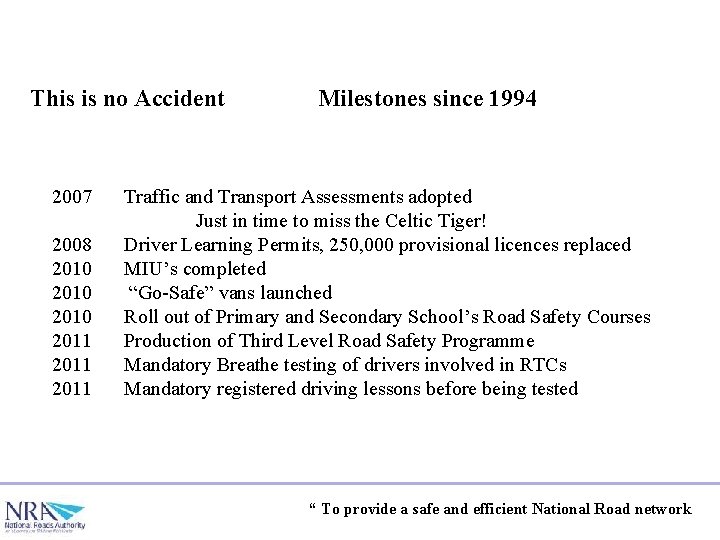 This is no Accident 2007 2008 2010 2011 Milestones since 1994 Traffic and Transport