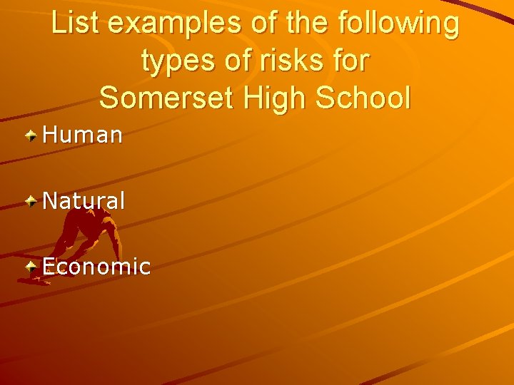 List examples of the following types of risks for Somerset High School Human Natural