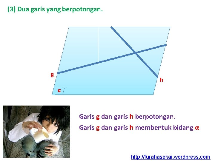 (3) Dua garis yang berpotongan. g h α Garis g dan garis h berpotongan.