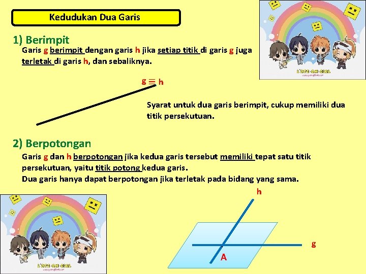 Kedudukan Dua Garis 1) Berimpit Garis g berimpit dengan garis h jika setiap titik