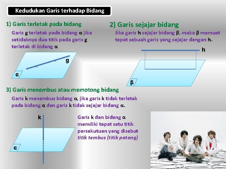 Kedudukan Garis terhadap Bidang 1) Garis terletak pada bidang Garis g terletak pada bidang