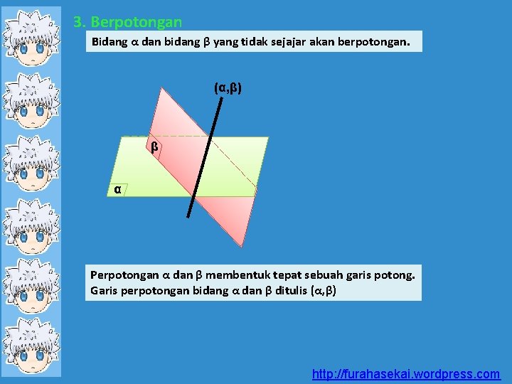 3. Berpotongan Bidang α dan bidang β yang tidak sejajar akan berpotongan. (α, β)