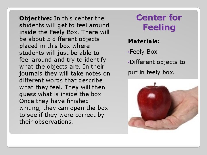 Objective: In this center the students will get to feel around inside the Feely