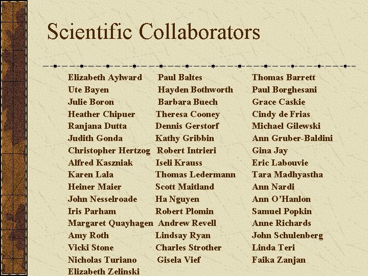 Scientific Collaborators Elizabeth Aylward Paul Baltes Ute Bayen Hayden Bothworth Julie Boron Barbara Buech