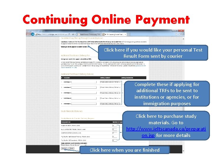 Continuing Online Payment Click here if you would like your personal Test Result Form