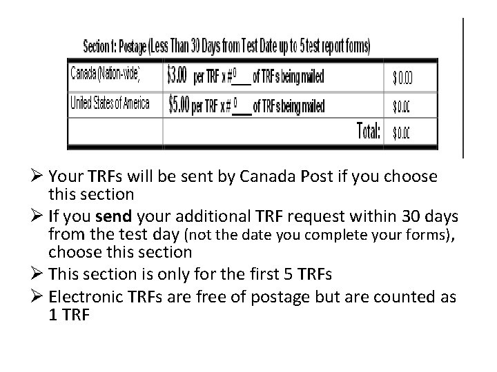 Ø Your TRFs will be sent by Canada Post if you choose this section