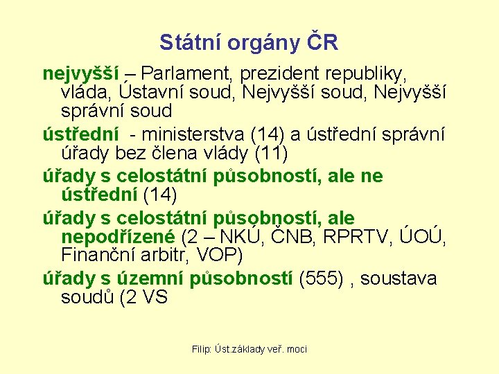 Státní orgány ČR nejvyšší – Parlament, prezident republiky, vláda, Ústavní soud, Nejvyšší správní soud