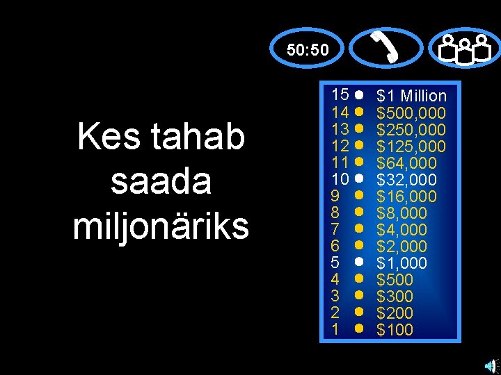50: 50 Kes tahab saada miljonäriks 15 14 13 12 11 10 9 8