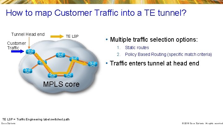 How to map Customer Traffic into a TE tunnel? Tunnel Head end TE LSP How to map Customer Traffic into a TE tunnel? Tunnel Head end TE LSP