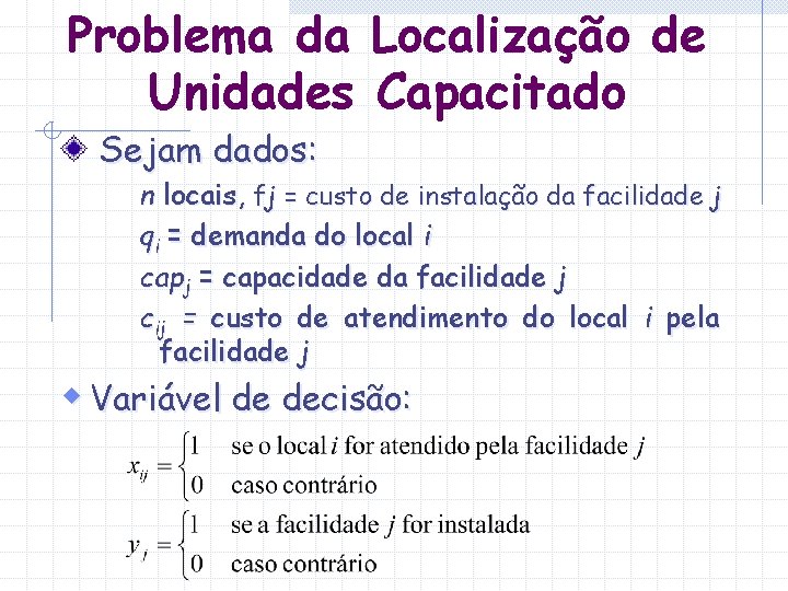 Problema da Localização de Unidades Capacitado Sejam dados: n locais, fj = custo de
