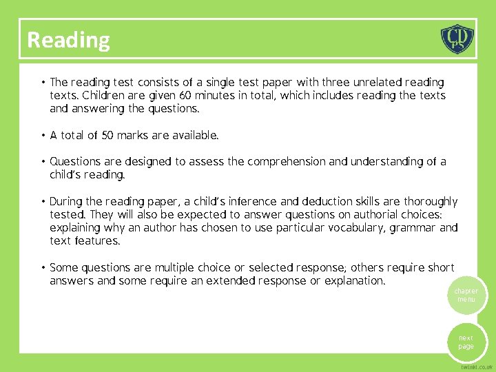 Reading • The reading test consists of a single test paper with three unrelated