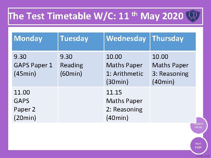 The Test Timetable W/C: 11 th May 2020 Monday Tuesday Wednesday Thursday 9. 30