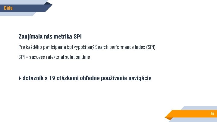 Dáta Zaujímala nás metrika SPI Pre každého participanta bol vypočítaný Search performance index (SPI)