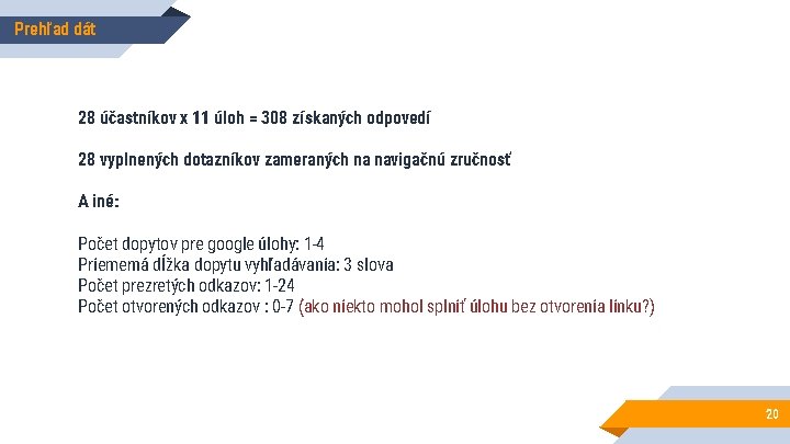 Prehľad dát 28 účastníkov x 11 úloh = 308 získaných odpovedí 28 vyplnených dotazníkov