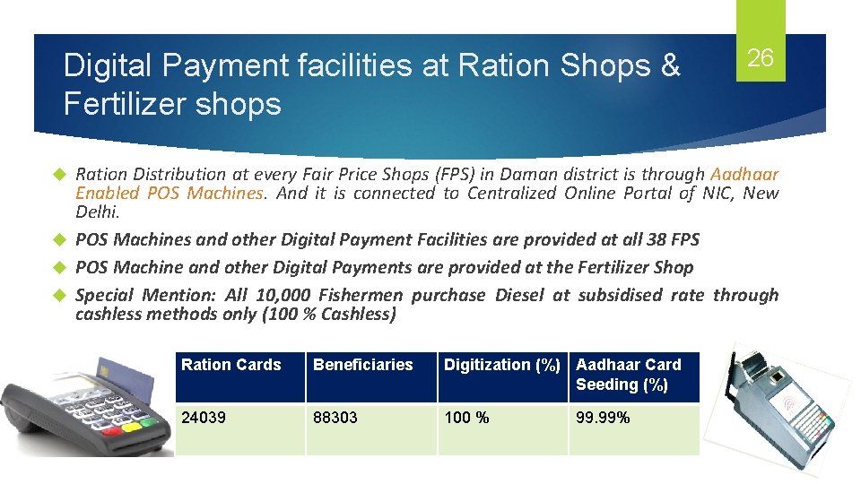 Digital Payment facilities at Ration Shops & Fertilizer shops 26 Ration Distribution at every