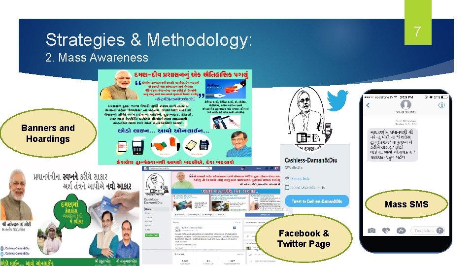 7 Strategies & Methodology: 2. Mass Awareness Banners and Hoardings Mass SMS Facebook &