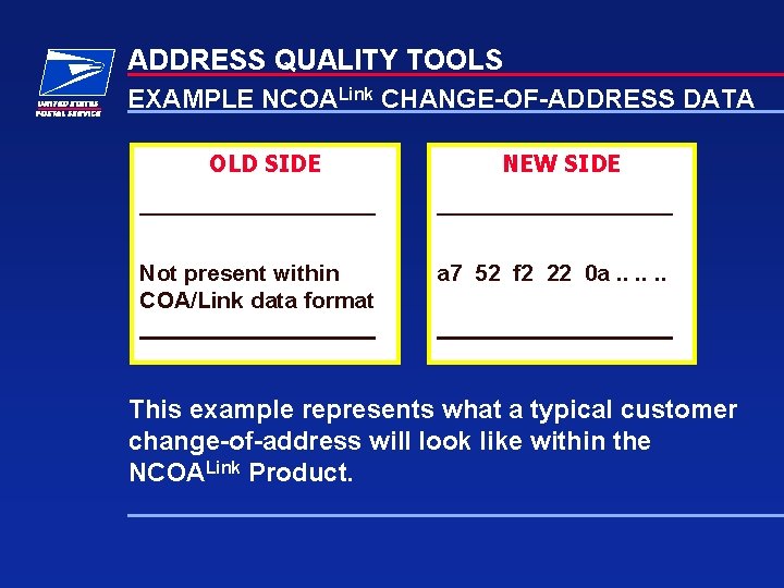 ADDRESS QUALITY TOOLS EXAMPLE NCOALink CHANGE-OF-ADDRESS DATA OLD SIDE Not present within COA/Link data