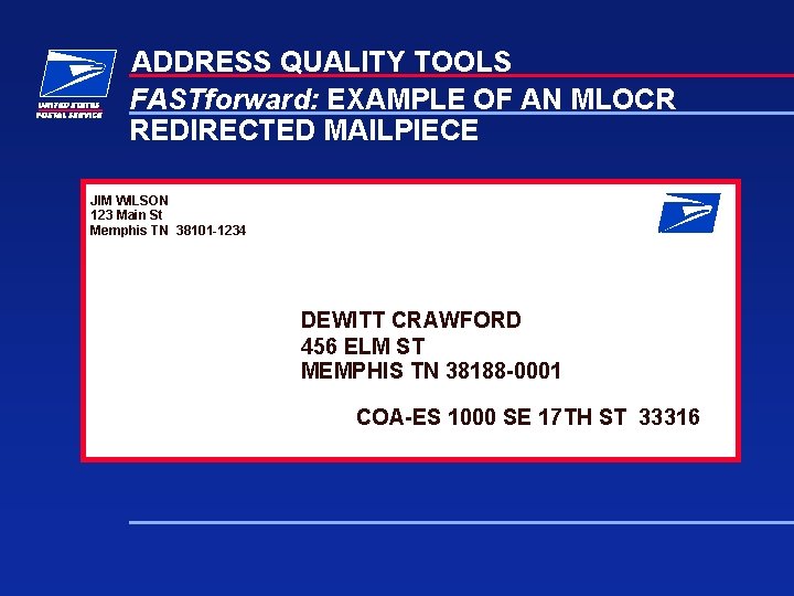 ADDRESS QUALITY TOOLS FASTforward: EXAMPLE OF AN MLOCR REDIRECTED MAILPIECE JIM WILSON 123 Main