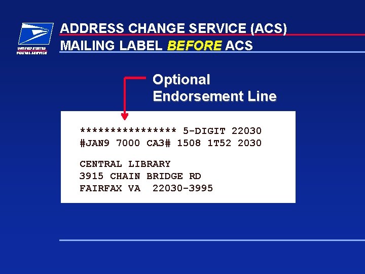 ADDRESS CHANGE SERVICE (ACS) MAILING LABEL BEFORE ACS Optional Endorsement Line ******** 5 -DIGIT