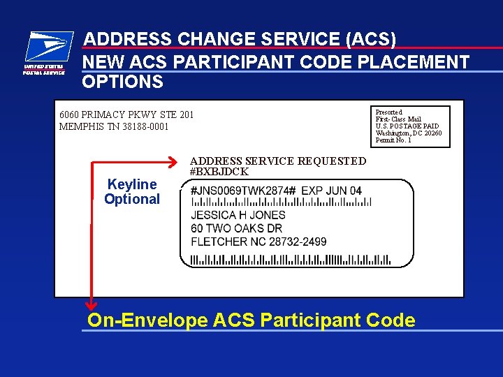 ADDRESS CHANGE SERVICE (ACS) NEW ACS PARTICIPANT CODE PLACEMENT OPTIONS 6060 PRIMACY PKWY STE