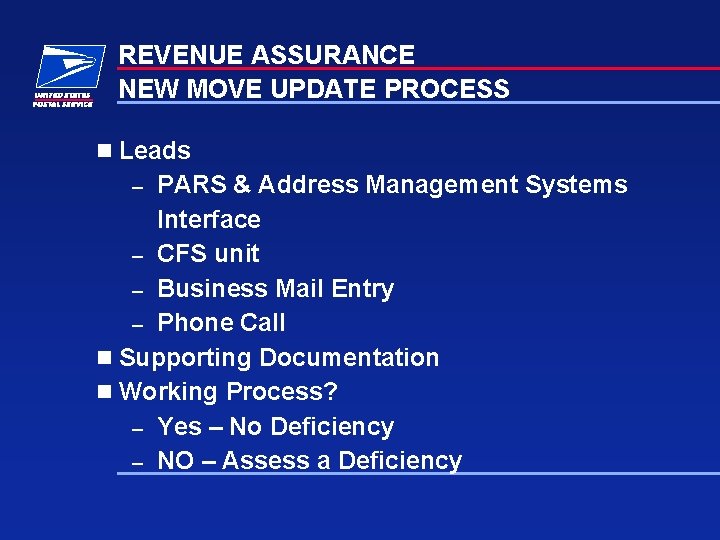 REVENUE ASSURANCE NEW MOVE UPDATE PROCESS n Leads PARS & Address Management Systems Interface
