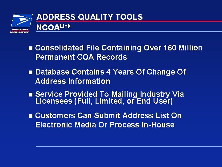 ADDRESS QUALITY TOOLS NCOALink n Consolidated File Containing Over 160 Million Permanent COA Records