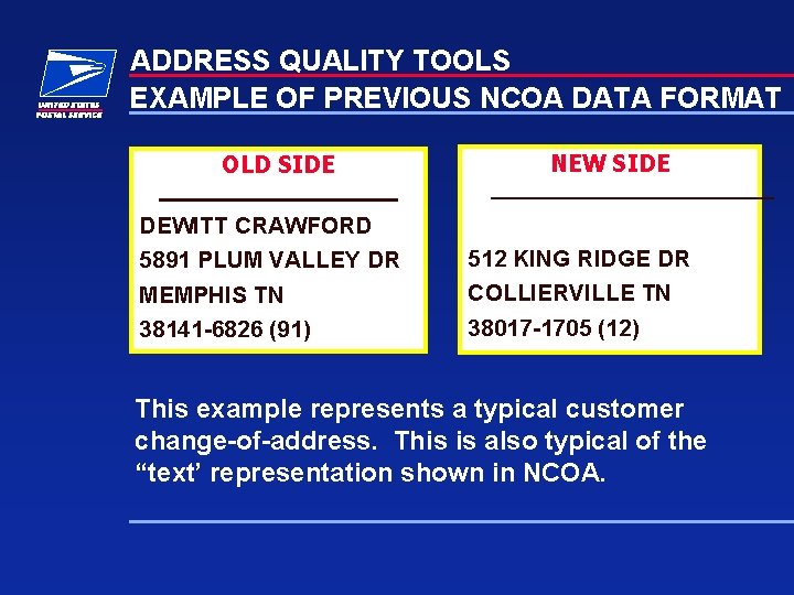 ADDRESS QUALITY TOOLS EXAMPLE OF PREVIOUS NCOA DATA FORMAT OLD SIDE DEWITT CRAWFORD 5891