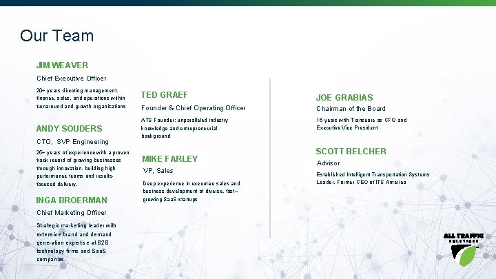 Our Team JIM WEAVER Chief Executive Officer 20+ years directing management, finance, sales, and