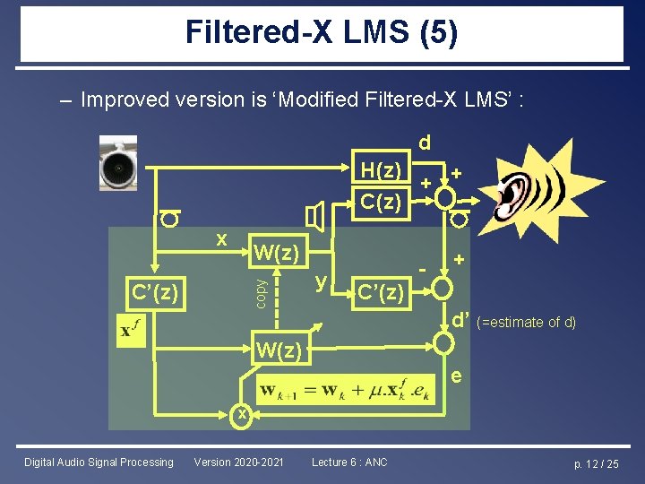 Filtered-X LMS (5) – Improved version is ‘Modified Filtered-X LMS’ : d H(z) +