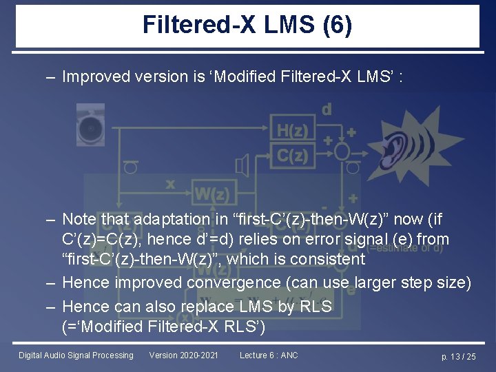 Filtered-X LMS (6) – Improved version is ‘Modified Filtered-X LMS’ : – Note that