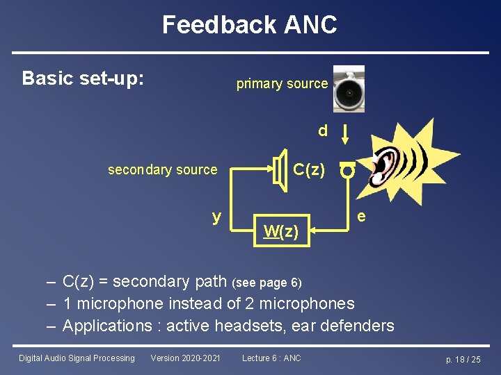 Feedback ANC Basic set-up: primary source d secondary source y C(z) W(z) e –