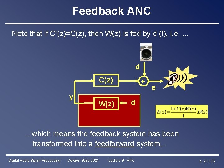 Feedback ANC Note that if C’(z)=C(z), then W(z) is fed by d (!), i.