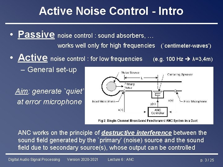 Active Noise Control - Intro • Passive noise control : sound absorbers, … works