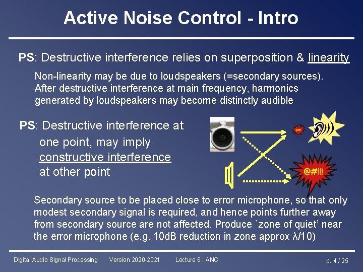 Active Noise Control - Intro PS: Destructive interference relies on superposition & linearity Non-linearity