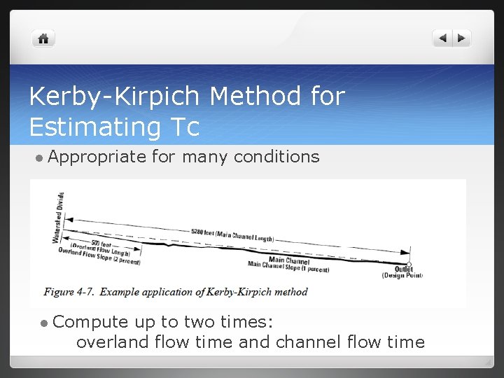 Kerby-Kirpich Method for Estimating Tc l Appropriate l Compute for many conditions up to